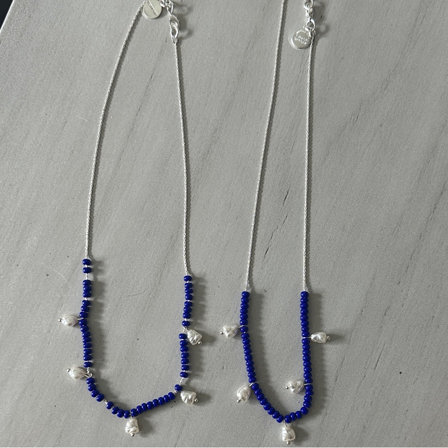 Two Alex And Ani Blue Beaded With Pearl Accents Necklace Shiny Silver Like New